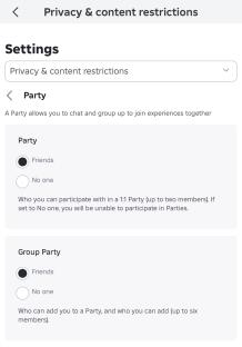Roblox party privacy settings.