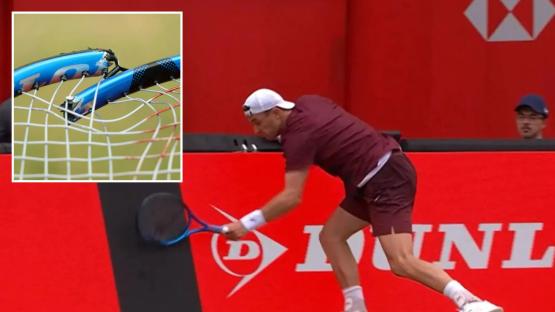 Moment furious Jack Draper breaks advertising board after smashing racquet in shocking Queen’s meltdown