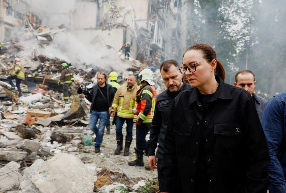 Ukrainian Prime Minister Yulia Svyrydenko at the site of a missile strike.