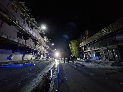 Damage to buildings in Kyiv, Ukraine, after a drone strike.