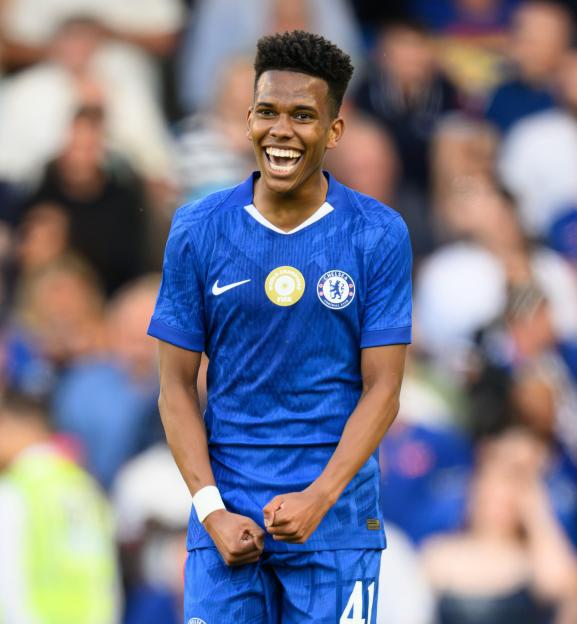 Chelsea's Estevao celebrates scoring a goal.
