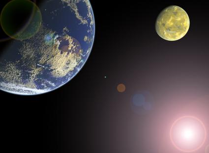 Illustration of Venus and Earth in space.