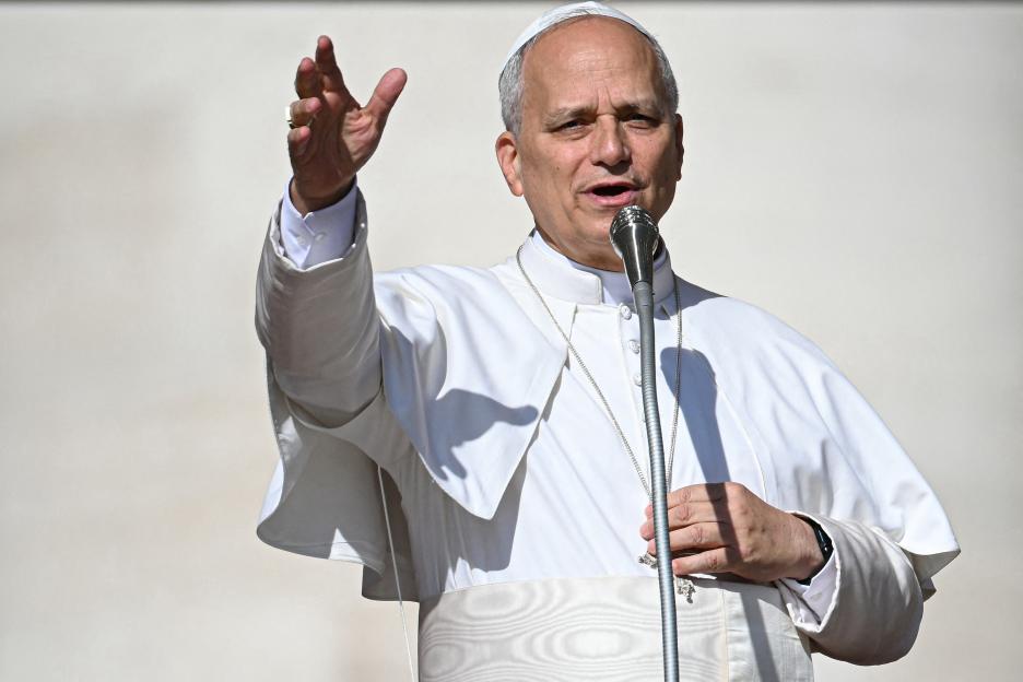Pope Leo XIV speaking at a canonization ceremony.