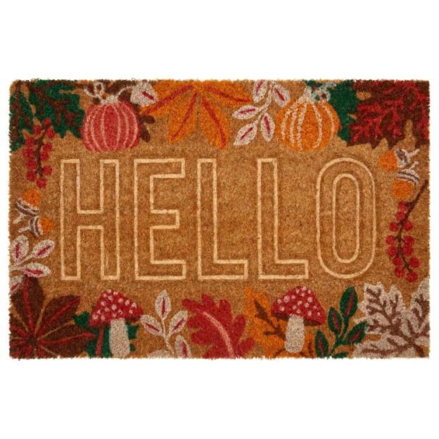 Autumn-themed doormat with "HELLO" in the center.