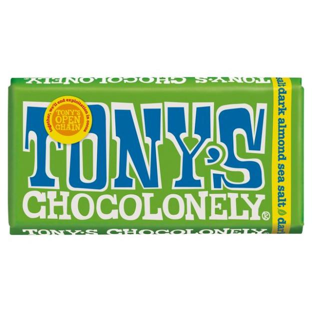 Tony's Chocolonely dark almond sea salt chocolate bar.