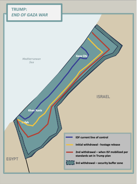 Illustration of a map of the Gaza Strip and surrounding countries with lines showing IDF current control, initial withdrawal, second withdrawal, and a security buffer zone.