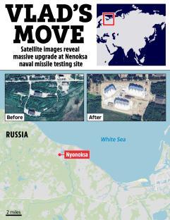 Satellite images showing expansion of a Russian naval missile testing site in Nyonoksa.