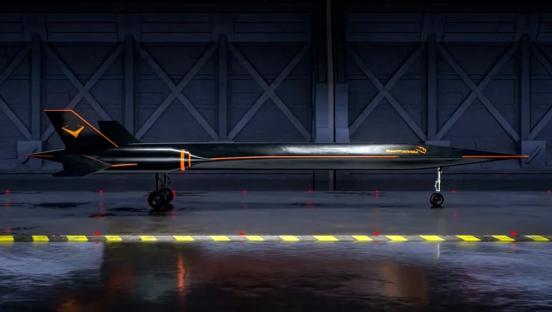 Illustration of a black hypersonic aircraft in a hangar.