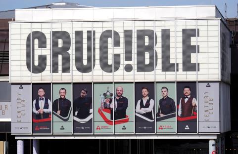 Exterior of the Crucible Theatre with signage for the World Snooker Championship.
