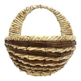Brown and beige woven basket with a handle.