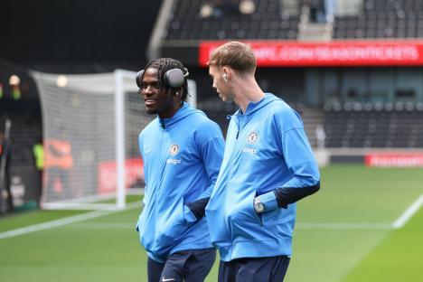 Cole Palmer and Romeo Lavia of Chelsea at Craven Cottage.