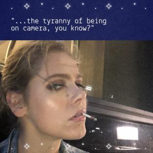 Photo of Lily Cowles smoking a cigarette, with text overlay: