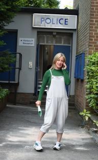 Gemma Bissix on the set of Hollyoaks outside a police station.