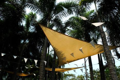 Tan shade sail stretched between palm trees.