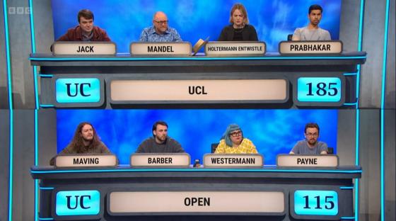 Screenshot of University Challenge contestants and scores.