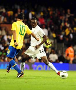 Albert Adomah of Ghana playing soccer against Brazil.