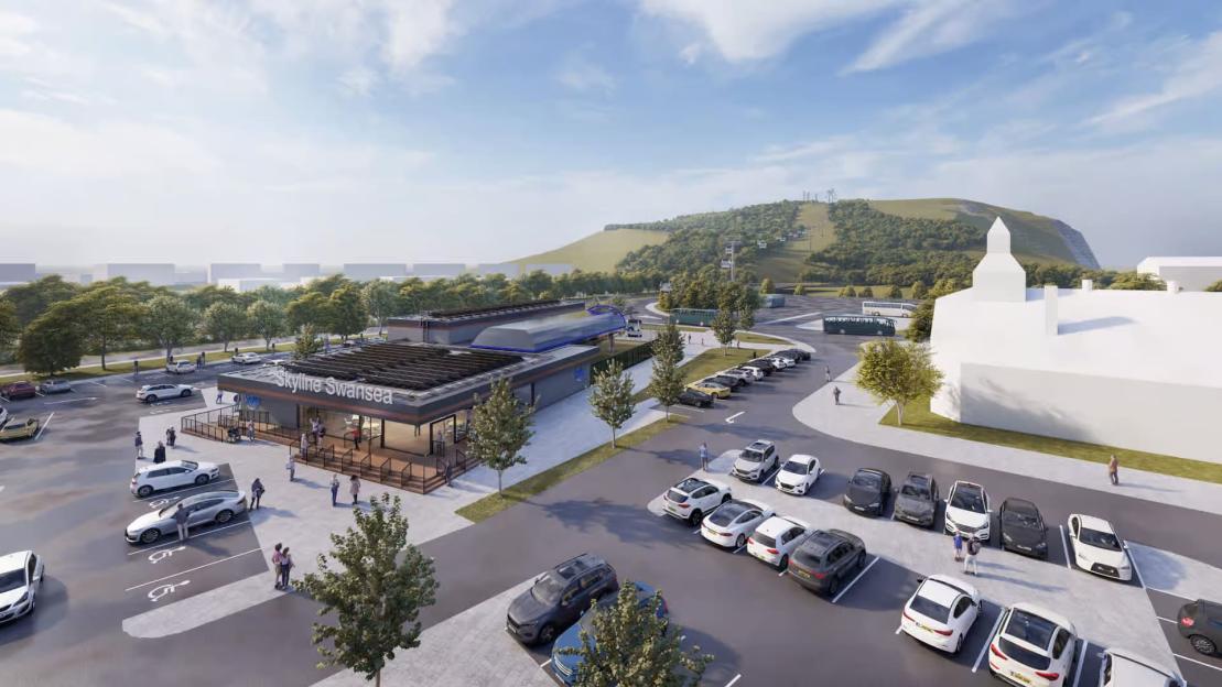 Illustration of Skyline Swansea gondola station and surrounding area.