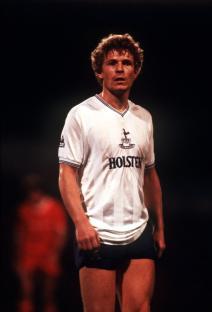Micky Hazard of Tottenham Hotspur in action.