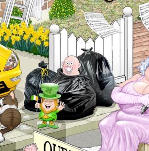 Illustration of a cartoon scene with garbage bags, a leprechaun, a baby, and a woman in a pink dress.