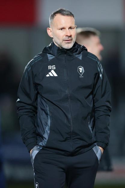 SALFORD, ENGLAND - FEBRUARY 04: Salford City coach Ryan Giggs during the EFL League Two match between Salford City and Bromley at the Peninsula Stadium on February 04, 2025 in Salford, England. (Photo by James Gill - Danehouse/Getty Images)