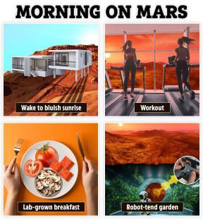 Illustration of a Martian morning routine: waking to a bluish sunrise, working out, eating a lab-grown breakfast, and tending a robot-tended garden.