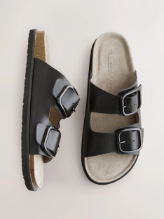 Pair of black double buckle sandals.