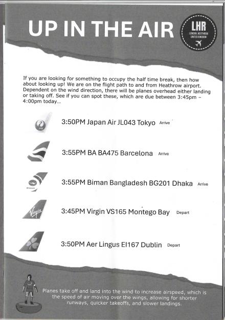 A plane spotting schedule from Heathrow Airport for a half-time entertainment feature at Windsor & Eton FC.