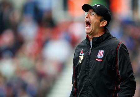 Tony Pulis, Stoke City manager, shouting during a match.