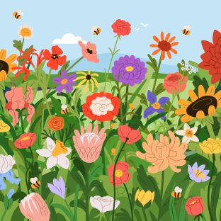 Illustration of a field of colorful flowers with bees.