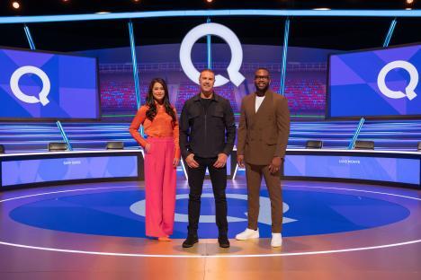 Sam Quek, Paddy McGuinness, and Ugo Monye on the set of Question of Sport.