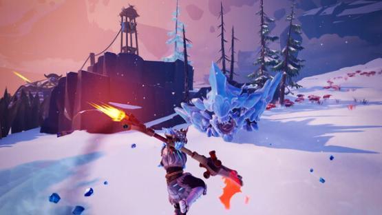 Dauntless gameplay showing a Slayer battling a Behemoth in a snowy environment.