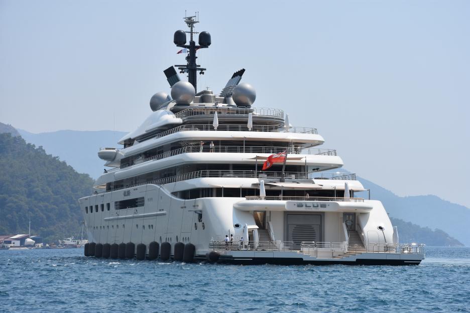 Superyacht Aviva moored off Falmouth.