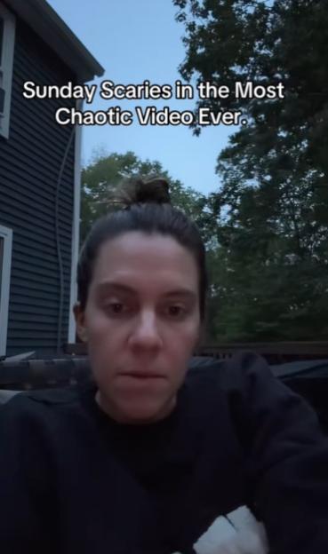 Woman in a video titled "Sunday Scaries in the Most Chaotic Video Ever."
