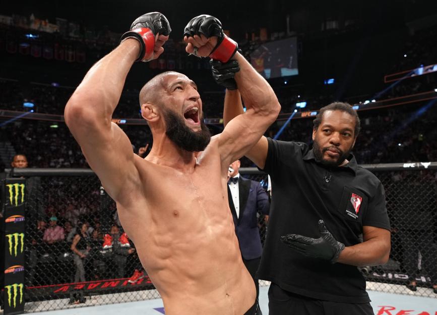 Khamzat Chimaev celebrates his UFC 279 victory.