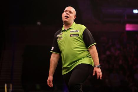 Michael van Gerwen at the 2025 Darts BetMGM Premier League.
