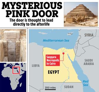 Illustration of the mysterious pink door in Egypt, along with its location on a map.