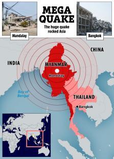 Illustration of a map showing the impact zone of a large earthquake in Myanmar, affecting Mandalay and Bangkok.