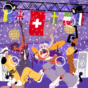 Illustration of dancers and musicians performing on stage with hidden microphones; a brainteaser.