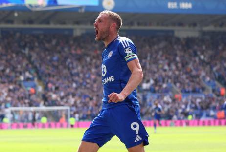 Jamie Vardy of Leicester City celebrating a goal.