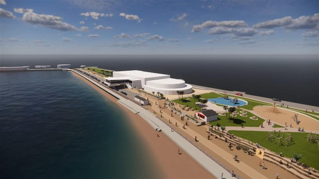 Illustration of the Paignton Sea Defence Scheme, showing a beach, sea wall, promenade, large building, and recreation areas.