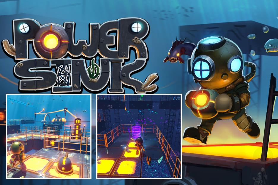 An image collage containing 3 images, Image 1 shows Illustration of Power Sink video game, Image 2 shows Screenshot of underwater game level showing a robot navigating platforms, Image 3 shows Screenshot of Power Sink, a video game