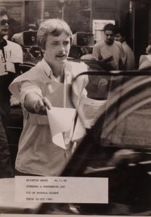 Russell Bishop handing out leaflets during a 1989 campaign to find a murderer in Brighton.