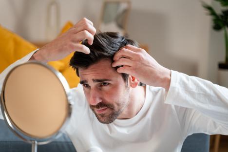 Young man combing his hair in a mirror.