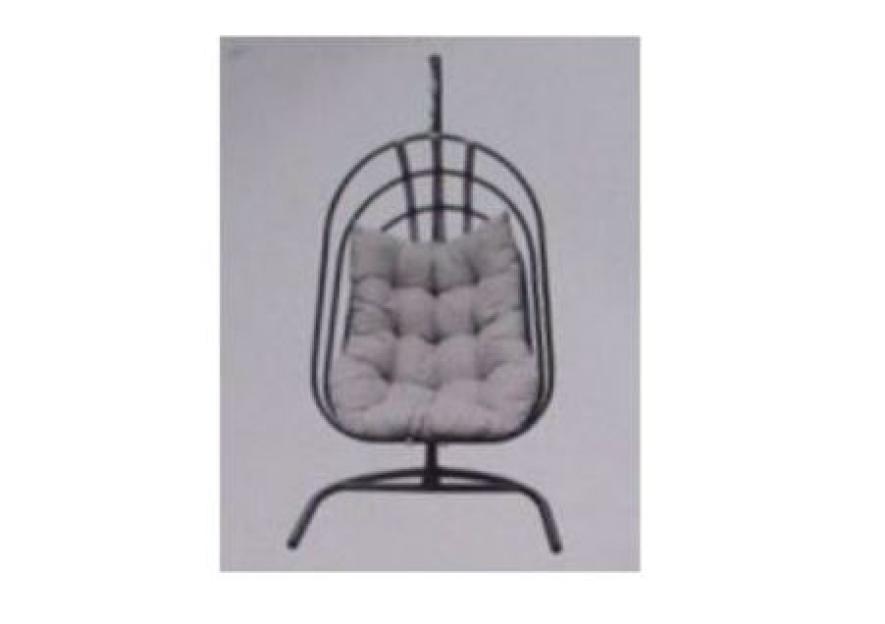 Foldable hanging chair with gray cushion.