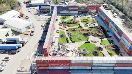 Aerial view of a film set under construction at Pinewood Studios.