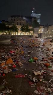 Littered Trafalgar Square after a Sunderland fans' celebration.