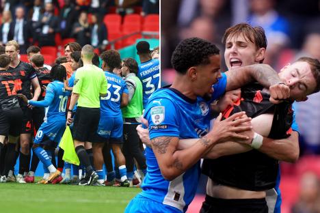 Huge brawl breaks out between Birmingham and Peterborough stars AFTER final whistle as Posh celebrate trophy at Wembley