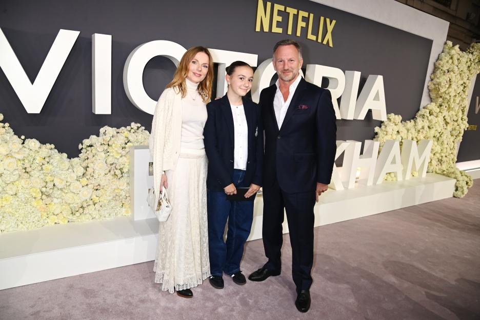 Geri Halliwell-Horner, Olivia Horner, and Christian Horner attend the World Premiere of "Victoria Beckham."