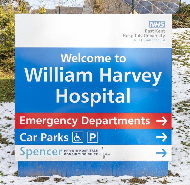 William Harvey Hospital sign in Ashford, Kent.