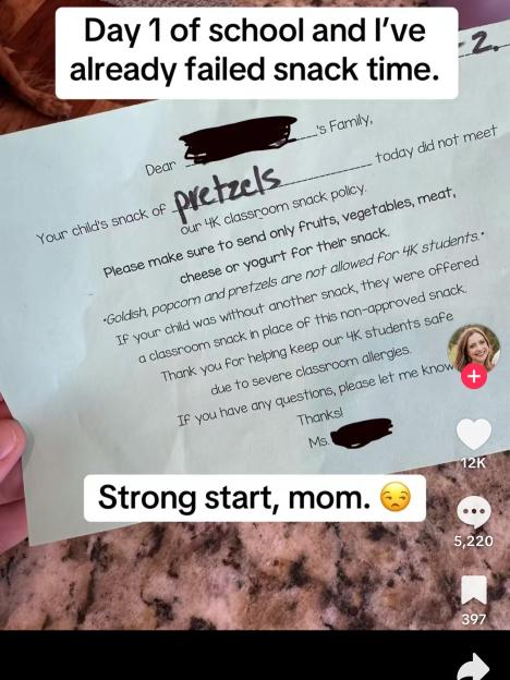 Photo of a note from a teacher about a child's snack that didn't meet snack guidelines, stating "Day 1 of school and I've already failed snack time."